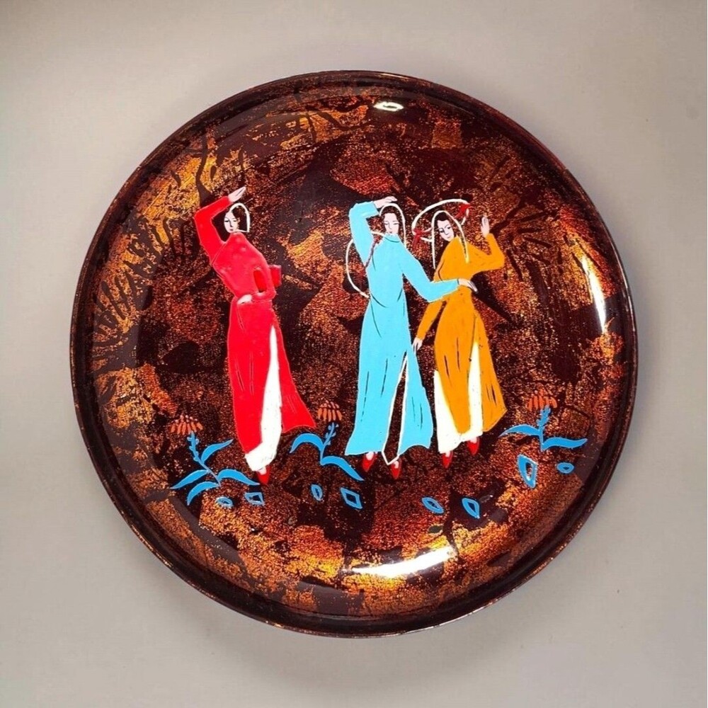 Vintage 1970s Lacquer Trinket Tray Dancing Women Boho Copper Marbled Shimmer